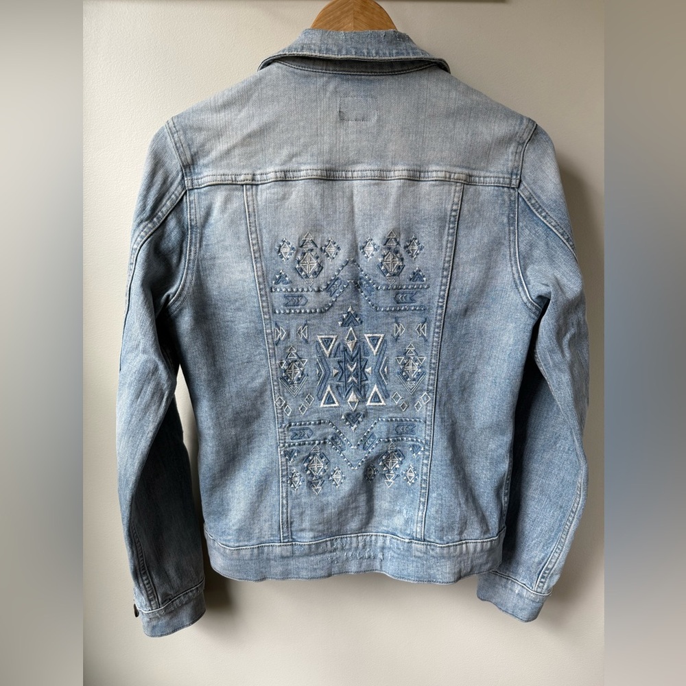DRIFTWOOD Geena‎ Jean Jacket Denim Embroidered Distressed Geometric Y2K Blue XS